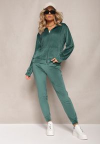 Renee - Ciemnozielony Welurowy Komplet Dresowy Bluza z Kapturem i Proste Spodnie Arislo. Kolor: zielony. Materiał: welur, dresówka