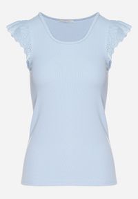 Born2be - Jasnoniebieski Top z Ażurowymi Falbankami Bez Rękawów Sonnelle. Typ kołnierza: kołnierz z falbankami. Kolor: niebieski. Materiał: tkanina. Długość rękawa: bez rękawów. Wzór: ażurowy. Sezon: lato. Styl: klasyczny #4