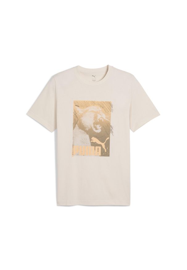 Puma - Męska koszulka Graphics Photoprint PUMA Alpine Snow White. Kolor: biały, wielokolorowy, beżowy. Wzór: nadruk