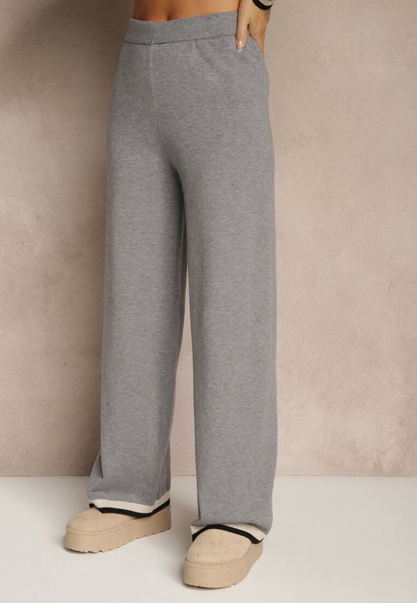 Renee - Szary Komplet Dzianinowy Sweter i Spodnie Wide Leg z Ozdobną Lamówką Ralenia. Kolor: szary. Materiał: dzianina. Wzór: aplikacja