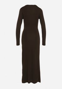 Born2be - Brązowa Sukienka Koktajlowa z Aplikacją z Marszczeniem na Biodrach Rariana. Okazja: na randkę, na imprezę. Kolor: brązowy. Długość rękawa: długi rękaw. Wzór: aplikacja. Styl: wizytowy #2