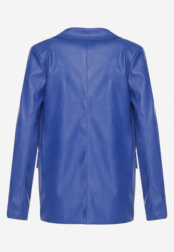 Renee - Granatowa Pudełkowa Marynarka z Ekoskóry Niezapinana z Poduszkami w Ramionach Suniya. Okazja: na co dzień, na spotkanie biznesowe. Kolor: niebieski. Materiał: wiskoza. Styl: casual, biznesowy