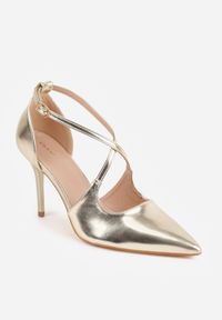 Renee - Złote Szpilki VICES z Paseczkami w Kształcie Litery X Alethise. Nosek buta: szpiczasty. Zapięcie: pasek. Kolor: złoty. Wzór: paski. Obcas: na szpilce. Styl: elegancki, glamour. Wysokość obcasa: średni #7