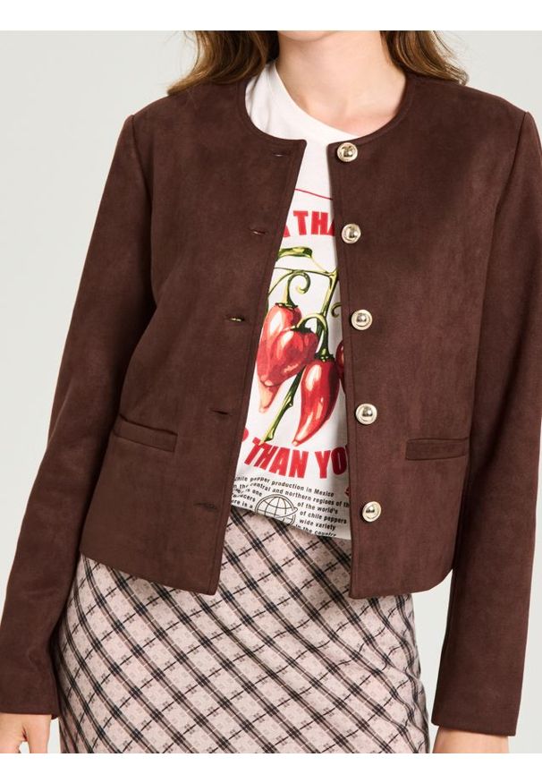 Sinsay - Elegancka kurtka z imitacji zamszu i ozdobnymi guzikami - brązowy. Kolor: brązowy. Materiał: zamsz. Styl: elegancki