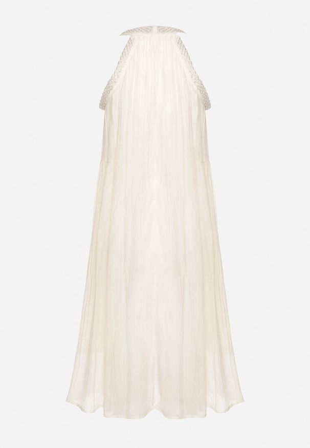 Born2be - Jasnobeżowa Wieczorowa Sukienka Trapezowa bez Rękawów Ozdobiona Perełkami Gemalia. Okazja: na co dzień. Kolor: beżowy. Materiał: jeans. Długość rękawa: bez rękawów. Wzór: aplikacja. Typ sukienki: trapezowe. Styl: wizytowy