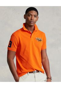 Ralph Lauren - RALPH LAUREN - Pomarańczowa koszulka polo Custom Slim Fit. Typ kołnierza: polo. Kolor: pomarańczowy. Materiał: mesh, bawełna. Wzór: ze splotem, aplikacja, haft, kolorowy