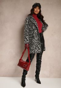 Renee - Szary Panterkowy Płaszcz Dwurzędowy z Wsuwanymi Kieszeniami Niarelith. Okazja: na co dzień. Kolor: szary. Materiał: jeans. Styl: elegancki, casual #3
