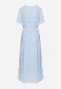 Born2be - Niebieska Brokatowa Sukienka Koktajlowa Ozdobiona Paskiem Ziliane. Okazja: na imprezę. Kolor: niebieski. Wzór: aplikacja. Styl: wizytowy #7