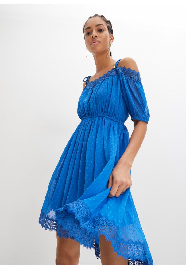 bonprix - Sukienka cold-shoulder z koronką. Kolor: niebieski. Materiał: koronka. Wzór: koronka. Typ sukienki: asymetryczne