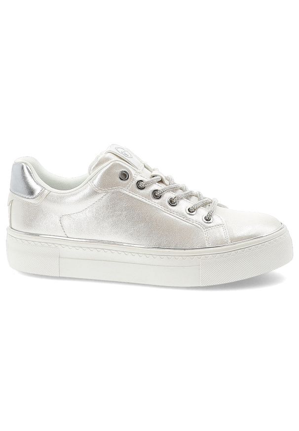 Srebrne Sneakersy Tamaris Modne Obuwie Damskie. Okazja: na co dzień. Zapięcie: sznurówki. Kolor: srebrny. Materiał: skóra. Szerokość cholewki: normalna. Styl: casual, klasyczny, sportowy
