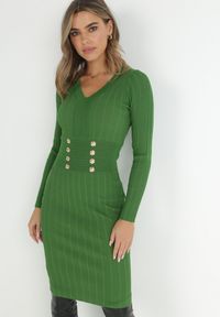 Born2be - Zielona Sukienka Dzianinowa Kezas. Kolor: zielony. Materiał: dzianina. Długość rękawa: długi rękaw. Wzór: aplikacja. Sezon: jesień, zima. Typ sukienki: dopasowane. Styl: klasyczny. Długość: midi #1