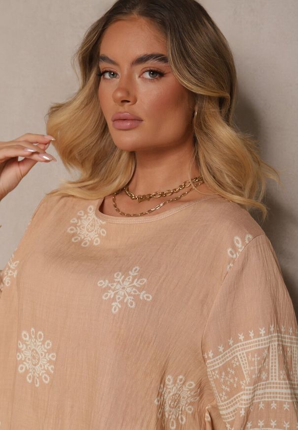 Renee - Beżowy Komplet Oversize z Bluzką i Luźnymi Spodniami w Stylu Boho Ronivara. Kolor: beżowy. Wzór: aplikacja