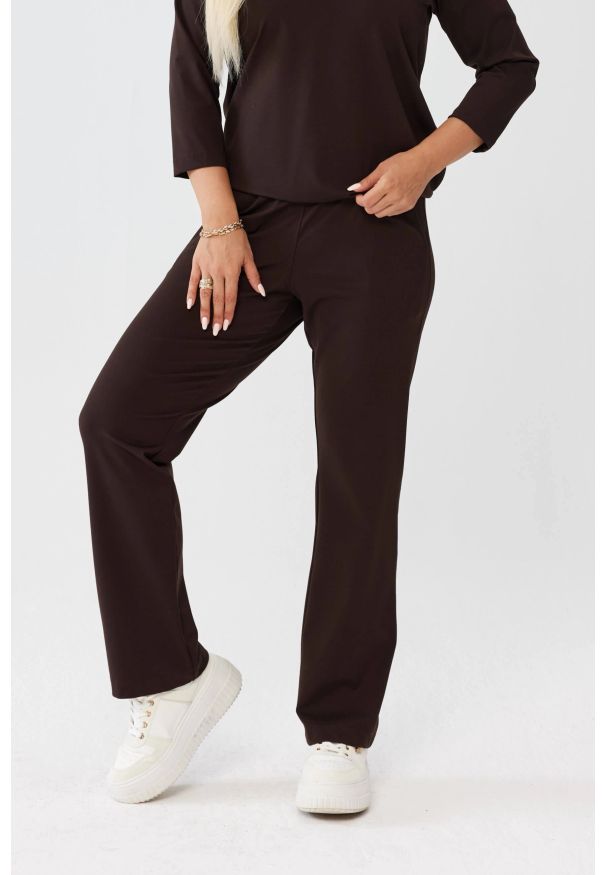 Moda Size Plus Iwanek - Czekoladowe spodnie Florina - prosta nogawka i kieszenie po bokach PLUS SIZE XXL OVERSIZE JESIEŃ. Okazja: na co dzień, do pracy. Kolekcja: plus size. Kolor: brązowy. Materiał: nylon, wiskoza, tkanina. Długość: krótkie. Sezon: jesień. Styl: casual, elegancki