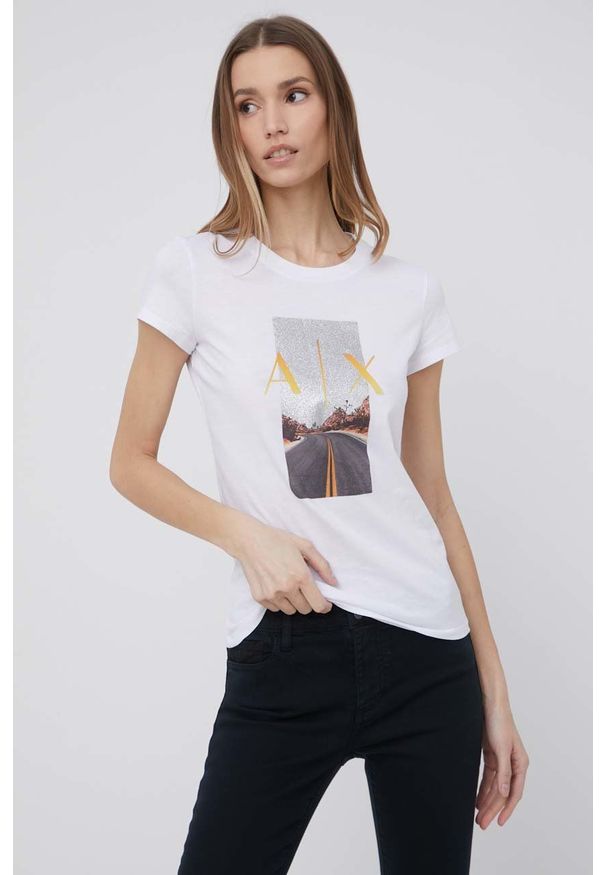 Armani Exchange t-shirt bawełniany 3LYTAM.YJ3RZ kolor biały. Okazja: na co dzień. Kolor: biały. Materiał: bawełna. Długość rękawa: krótki rękaw. Długość: krótkie. Wzór: nadruk. Styl: casual