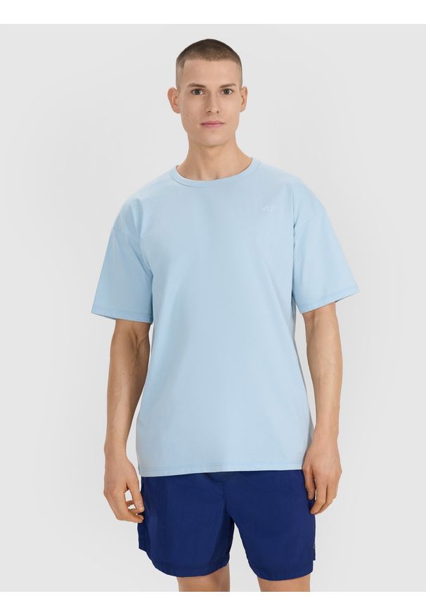 4f - 4F T-shirt oversize gładki męski - niebieski XL. Okazja: na co dzień. Kolor: niebieski. Materiał: dzianina, bawełna, jersey. Długość rękawa: krótki rękaw. Długość: krótkie. Wzór: gładki. Styl: klasyczny, sportowy, casual