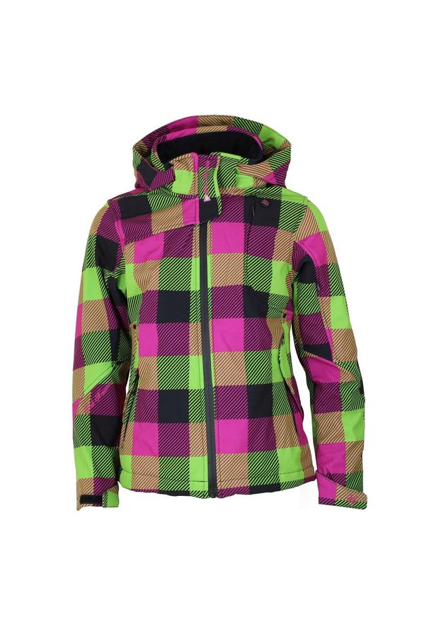 PEAK MOUNTAIN - Bluza softshell z nadrukiem dla dziewczynki Peak Mountain Gaveny. Kolor: fioletowy. Materiał: softshell. Wzór: nadruk. Sezon: zima. Sport: turystyka piesza