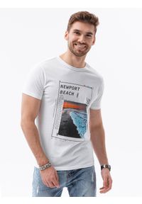 Ombre Clothing - T-shirt męski z nadrukiem S1434 V-15A - biały - XXL. Kolor: biały. Materiał: bawełna. Wzór: nadruk. Styl: klasyczny