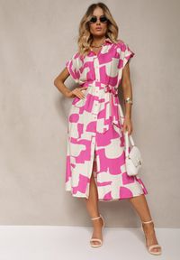 Renee - Różowo-Biała Sukienka o Koszulowym Kroju z Materiałowym Paskiem w Talii w Kolorowy Print Hilefia. Okazja: na co dzień, do pracy. Kolor: różowy. Materiał: materiał. Wzór: nadruk, kolorowy. Typ sukienki: koszulowe. Styl: elegancki, casual #5