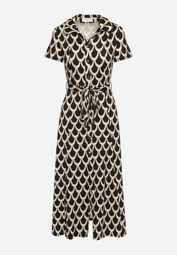 Born2be - Czarno-Beżowa Koszulowa Sukienka z Kołnierzem i Materiałowym Paskiem w Talii Vranea. Okazja: na co dzień. Typ kołnierza: dekolt w kształcie V. Kolor: czarny. Materiał: materiał. Typ sukienki: koszulowe. Styl: sportowy, casual, elegancki