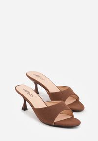 Renee - Brązowe Klapki na Obcasie Kaczuszka z Odkrytym Noskiem Nadah. Kolor: brązowy. Materiał: koronka. Obcas: na obcasie. Styl: elegancki. Wysokość obcasa: średni #2