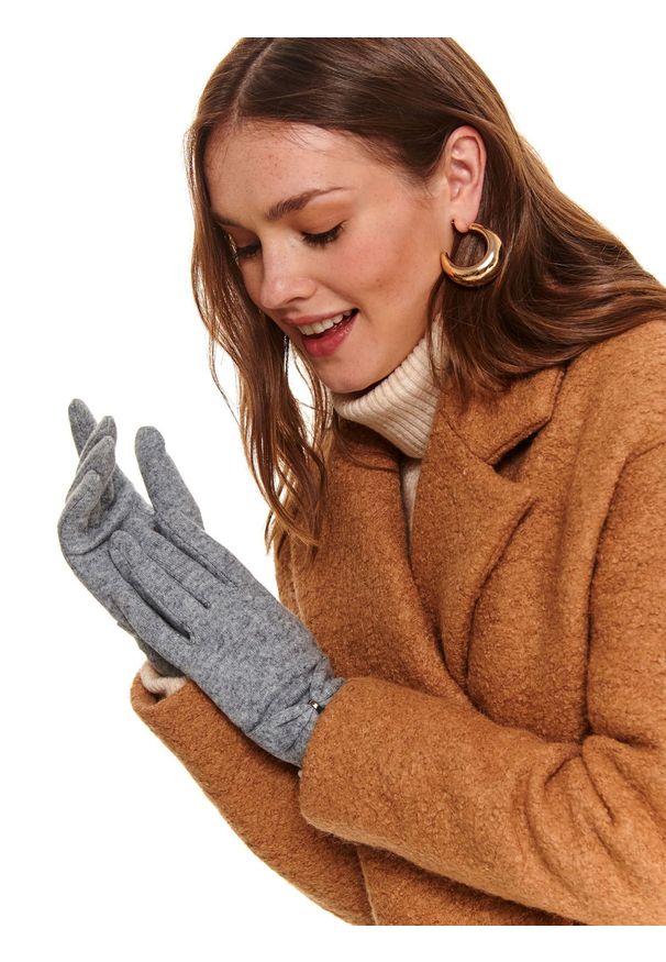 TOP SECRET - Rękawiczki standardowe damskie. Kolor: szary. Materiał: materiał, wełna. Wzór: aplikacja. Sezon: zima. Styl: klasyczny