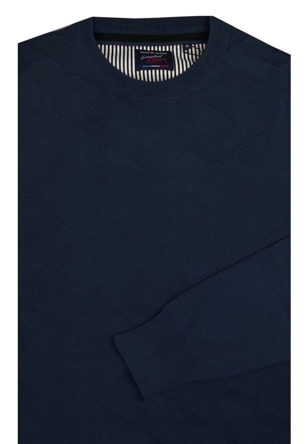 Bawełniany Sweter Męski - Pako Jeans - Granatowy z Fakturą Materiału. Kolor: niebieski. Materiał: bawełna. Sezon: jesień, zima, wiosna. Styl: klasyczny, elegancki