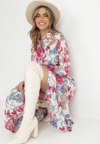 Born2be - Biała Sukienka Koszulowa z Rozcięciem w Kwiaty Vethere. Kolor: biały. Długość rękawa: długi rękaw. Wzór: kwiaty. Typ sukienki: koszulowe. Styl: elegancki. Długość: maxi #1