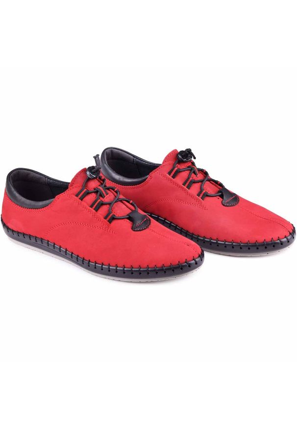 Kampol Buty męskie casual 337/39 czerwone czarne. Okazja: na co dzień. Zapięcie: sznurówki. Kolor: wielokolorowy, czerwony, czarny. Materiał: skóra. Styl: casual