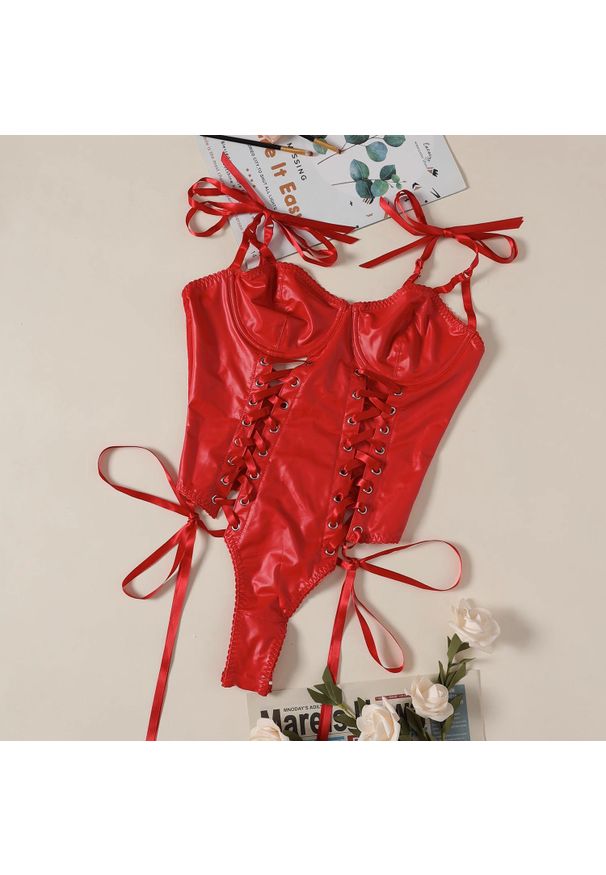 Intica - Body z usztywnianymi miseczkami na romantyczne wieczory Guerina. Kolor: czerwony. Materiał: materiał. Wzór: paski