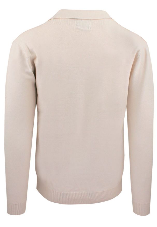 Męski, Lekki Sweter z Otwartym Kołnierzykiem Polo - Brave Soul - Kremowy. Typ kołnierza: polo. Kolor: brązowy, beżowy, wielokolorowy. Materiał: wiskoza, poliester, poliamid