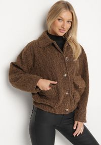 Born2be - Brązowa Kurtka Koszulowa z Gumką w Pasie Stylizowana na Wełnianą Unelises. Okazja: na co dzień. Kolor: brązowy. Materiał: wełna. Styl: casual, klasyczny #3