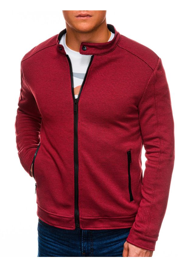 Ombre Clothing - Bluza męska rozpinana bez kaptura C453 - czerwona - L. Typ kołnierza: bez kaptura. Kolor: czerwony. Materiał: żakard, poliester, bawełna