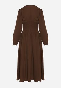 Born2be - Brązowa Sukienka z Wiskozą o Kroju z Gorsetową Talią i Bufiastymi Rękawami Aniste. Okazja: na co dzień. Typ kołnierza: dekolt gorset. Kolor: brązowy. Materiał: wiskoza. Typ sukienki: gorsetowe. Styl: wizytowy, casual, elegancki, sportowy #2