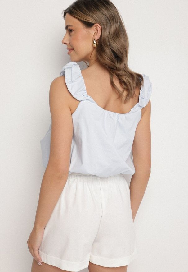 Born2be - Jasnoniebieski Bufiasty Top z Bawełny na Ramiączkach z Marszczeniem Sepoliva. Okazja: na co dzień, na spotkanie biznesowe, do pracy. Kolor: niebieski. Materiał: bawełna. Długość rękawa: na ramiączkach. Styl: casual, biznesowy, elegancki, klasyczny