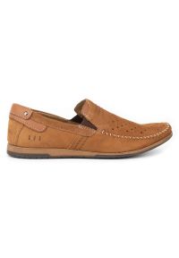 KOMODO Buty męskie mokasyny 876 lato camel wielokolorowe. Okazja: na co dzień. Zapięcie: bez zapięcia. Kolor: wielokolorowy. Materiał: skóra, len, materiał, guma. Sezon: lato. Styl: casual