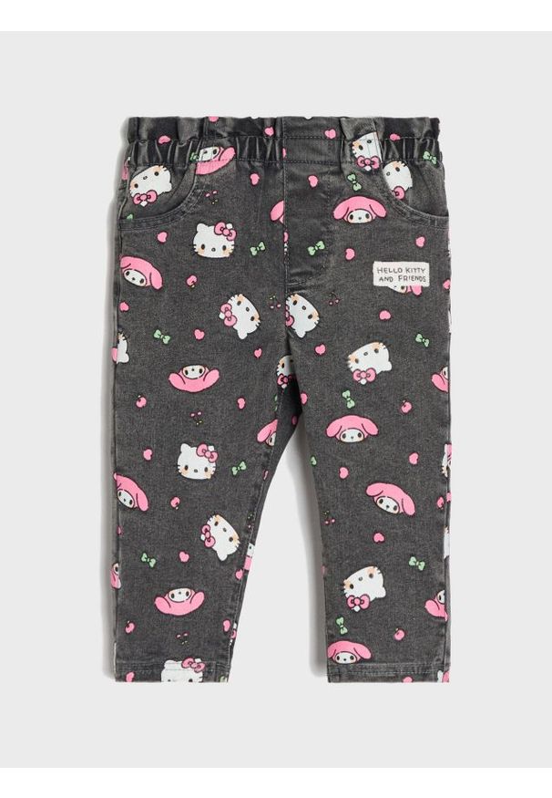 Sinsay - Jeansy jegginsy z efektem sprania Hello Kitty - szary. Kolor: szary. Materiał: jeans. Wzór: motyw z bajki