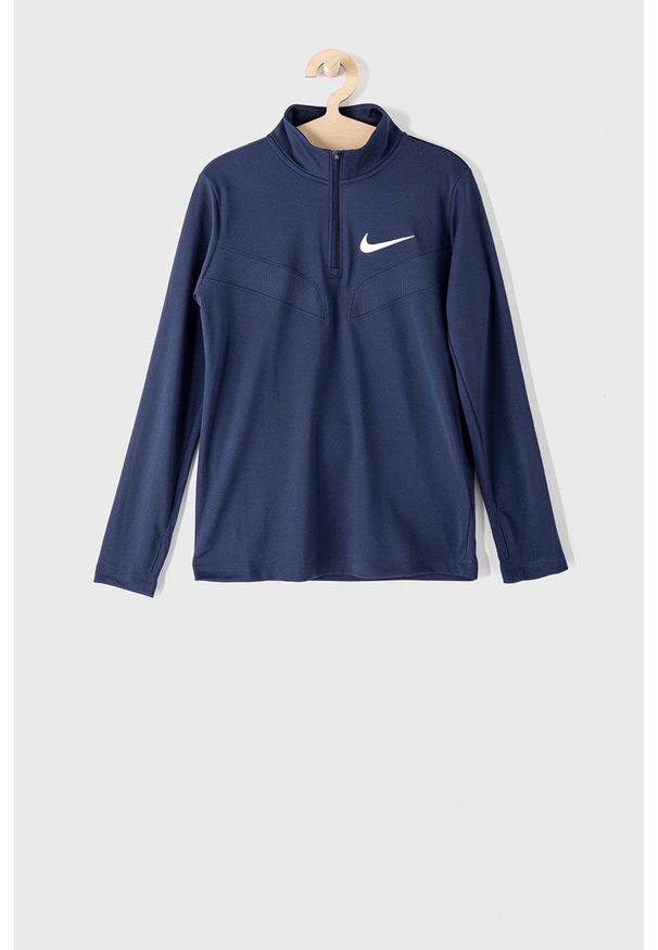 Nike Kids Longsleeve dziecięcy kolor granatowy gładki. Okazja: na co dzień. Kolor: niebieski. Materiał: dzianina. Długość rękawa: długi rękaw. Wzór: gładki. Styl: casual