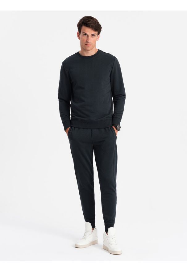 Ombre Clothing - Bawełniany męski dresowy komplet BASIC bluza nierozpinana + joggery – czarny V9 - Rozmiar: XL. Kolor: czarny. Materiał: bawełna, dresówka. Wzór: jednolity