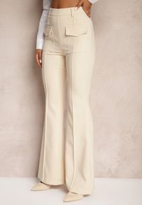 Renee - Beżowe Spodnie Dzwony High Waist Fani. Okazja: na co dzień. Stan: podwyższony. Kolor: beżowy. Wzór: aplikacja. Styl: casual