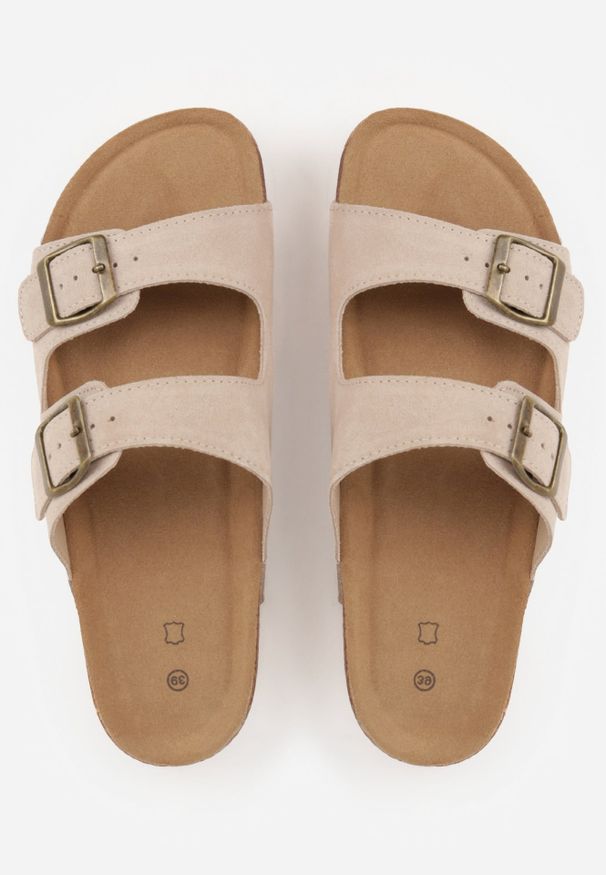 Renee - Beżowe Zamszowe Klapki Klasyczne z Regulowanymi Paskami ze Sprzączkami Shirinixis. Okazja: na co dzień. Kolor: beżowy. Materiał: zamsz. Wzór: paski. Sezon: lato. Styl: klasyczny