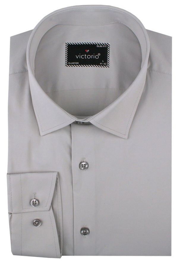 Męska Koszula Wizytowa, Taliowany Krój - Victorio - Popielata. Kolor: szary. Materiał: poliester, bawełna, elastan. Styl: wizytowy