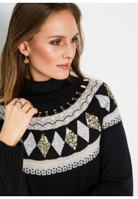Sweter z dzianiny z wełną, w norweski wzór z cekinami bonprix czarno-kremowy. Kolor: czarny. Materiał: materiał, wełna, akryl. Wzór: aplikacja. Styl: klasyczny #3
