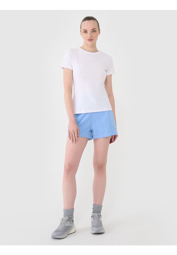 4f - 4F T-shirt slim gładki damski - biały L. Okazja: na co dzień. Kolor: biały. Materiał: dzianina, bawełna, jersey, materiał, elastan. Długość rękawa: krótki rękaw. Długość: krótkie. Wzór: gładki. Sezon: lato. Styl: klasyczny, sportowy, casual