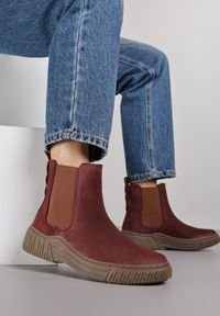 Born2be - Bordowe Botki Sztyblety na Ozdobnie Żłobionej Podeszwie Ezisane. Okazja: na co dzień. Kolor: czerwony. Materiał: jeans. Styl: casual, elegancki #6