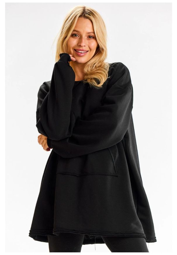 Infinite You - Bluza damska oversize długa z kieszenią kangurka czarna. Okazja: na co dzień. Kolor: czarny. Długość: długie. Styl: casual