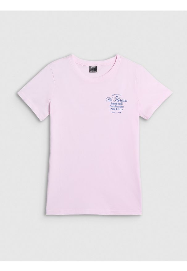 4f - 4F T-shirt regular z nadrukiem damski - różowy S. Okazja: na co dzień. Kolor: różowy. Materiał: jeans, bawełna, dresówka, dzianina. Wzór: nadruk. Styl: klasyczny, casual