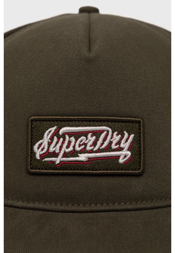 Superdry czapka bawełniana kolor zielony z aplikacją. Kolor: zielony. Materiał: bawełna. Wzór: aplikacja