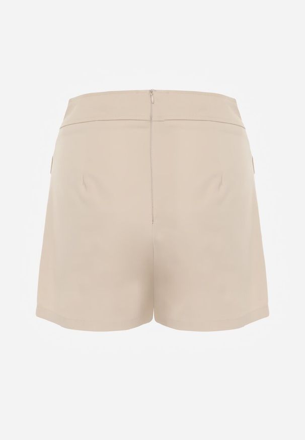 Renee - Beżowe Asymetryczne Spódnico-Szorty z Bawełną i Imitacją Kieszeni Tinabel. Kolor: beżowy. Materiał: bawełna. Wzór: aplikacja. Styl: elegancki