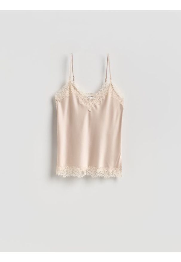 Reserved - Top z koronkowym zdobieniem - kremowy. Kolor: kremowy. Materiał: koronka. Wzór: aplikacja
