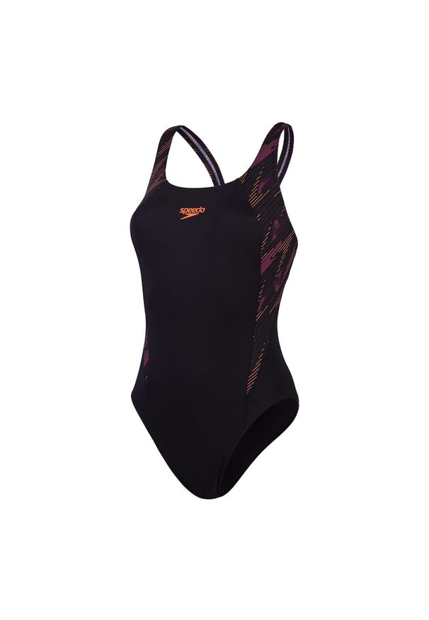 Damski kostium kąpielowy 1-częściowy Speedo Eco+ H-Boom Splice Muscleback. Kolor: wielokolorowy, fioletowy, czarny